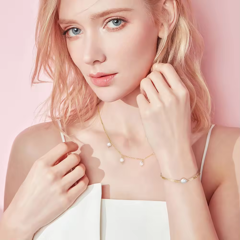 Link bracelet with freshwater pearl 925 silver, 14K gold