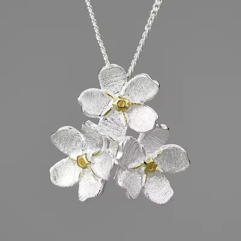 Handmade Forget-me-not necklace wide, 925 silver, 18K gold