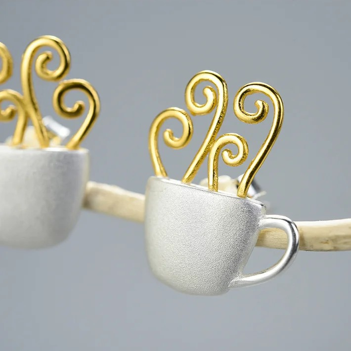 Cup of Hot Coffee Stud Earrings, 925 Silver, 18K Gold