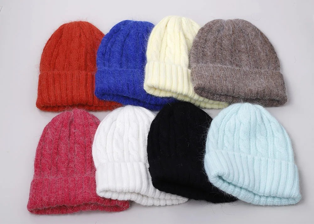 Warm fluffy Angora Beanie, yellow, mint, brick red, white, blue, brown, black