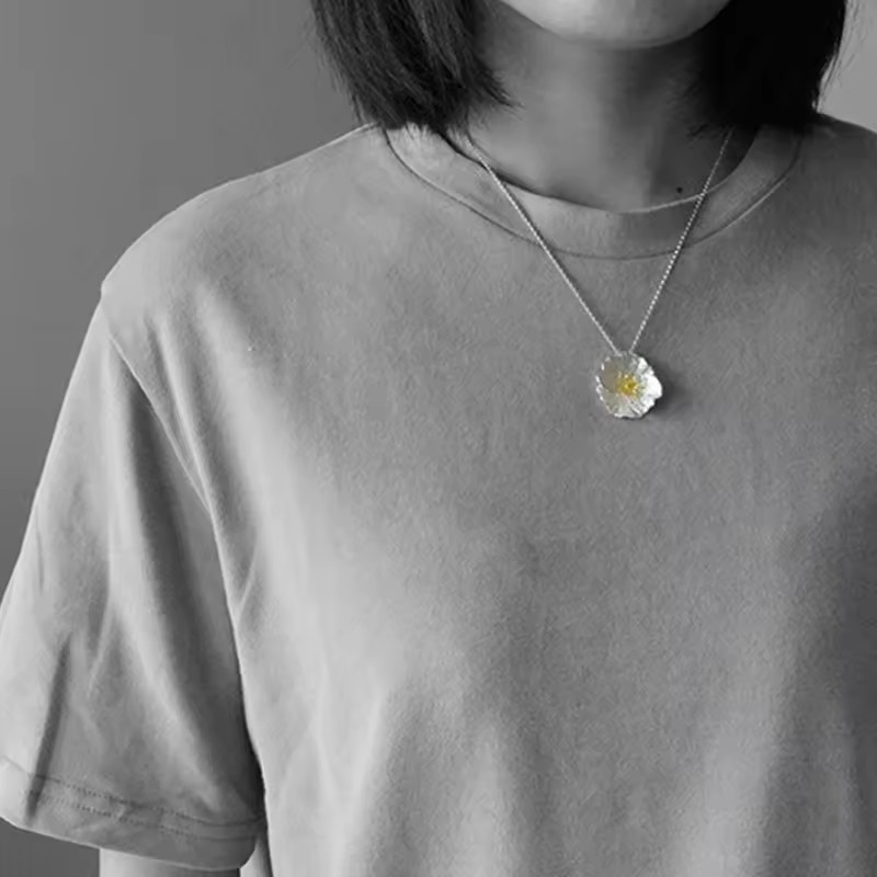 Handmade necklace with poppy pendant, 925 silver, 18K gold