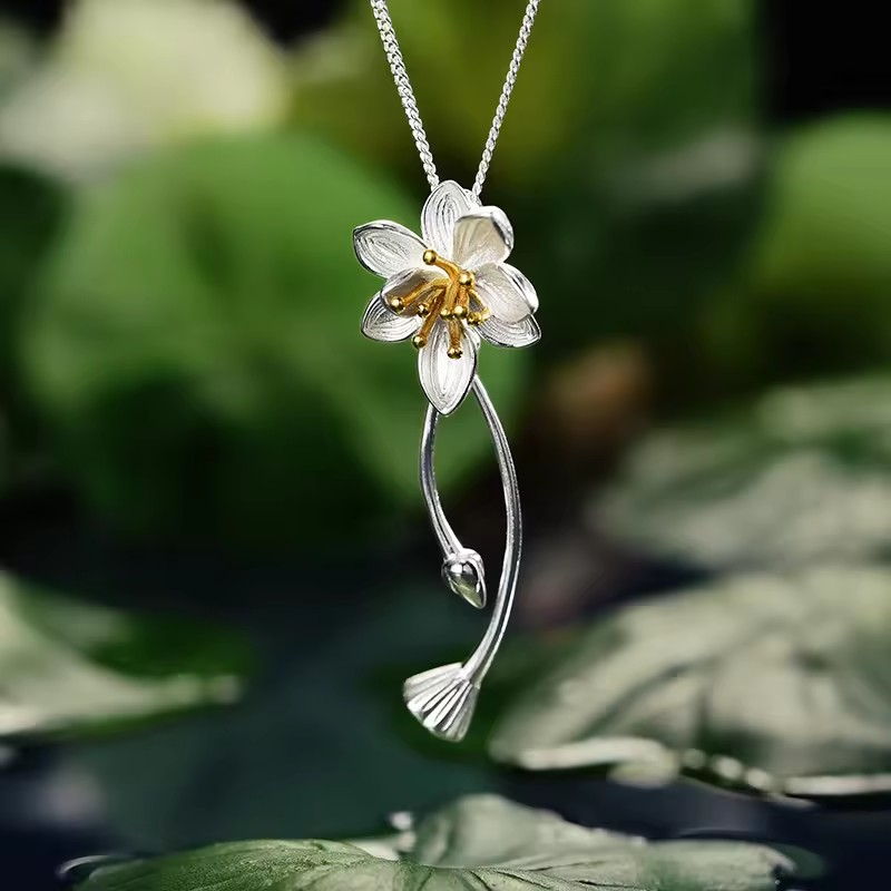Necklace with Lotus Flower Pendant, 925 Silver, 18K Gold
