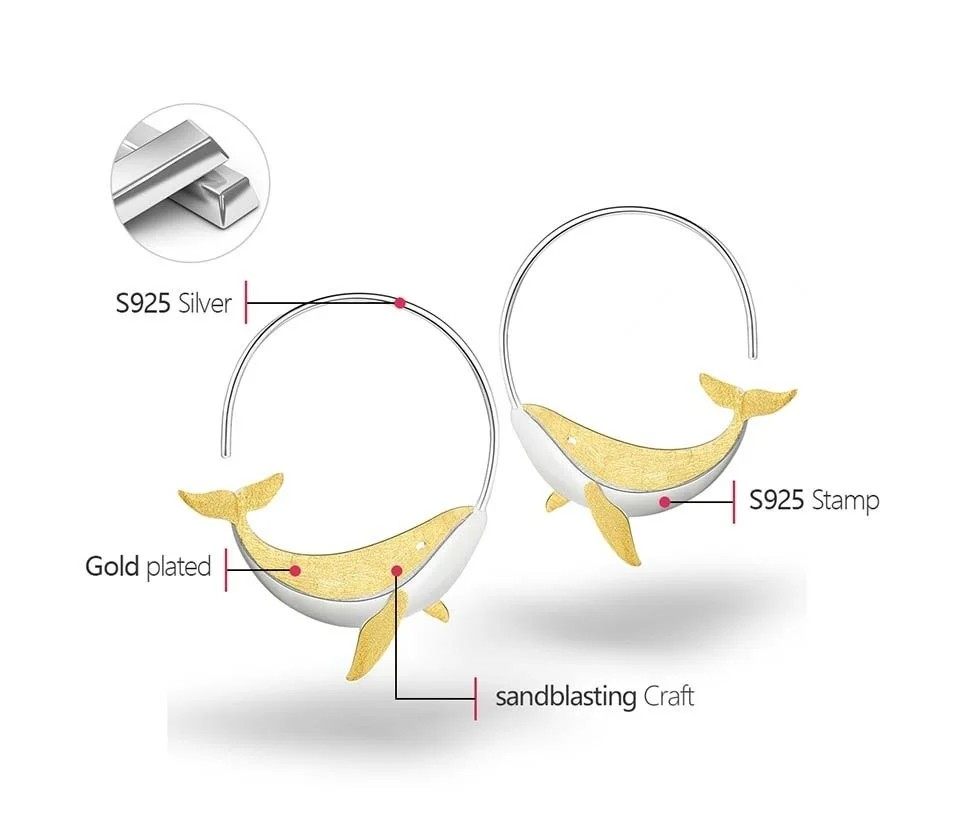 Hoop earrings "Little Whale", 925 silver, 18K gold