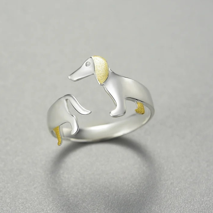 Handgefertigter offener Ring Dachshund 925er Silber, 18K Gold