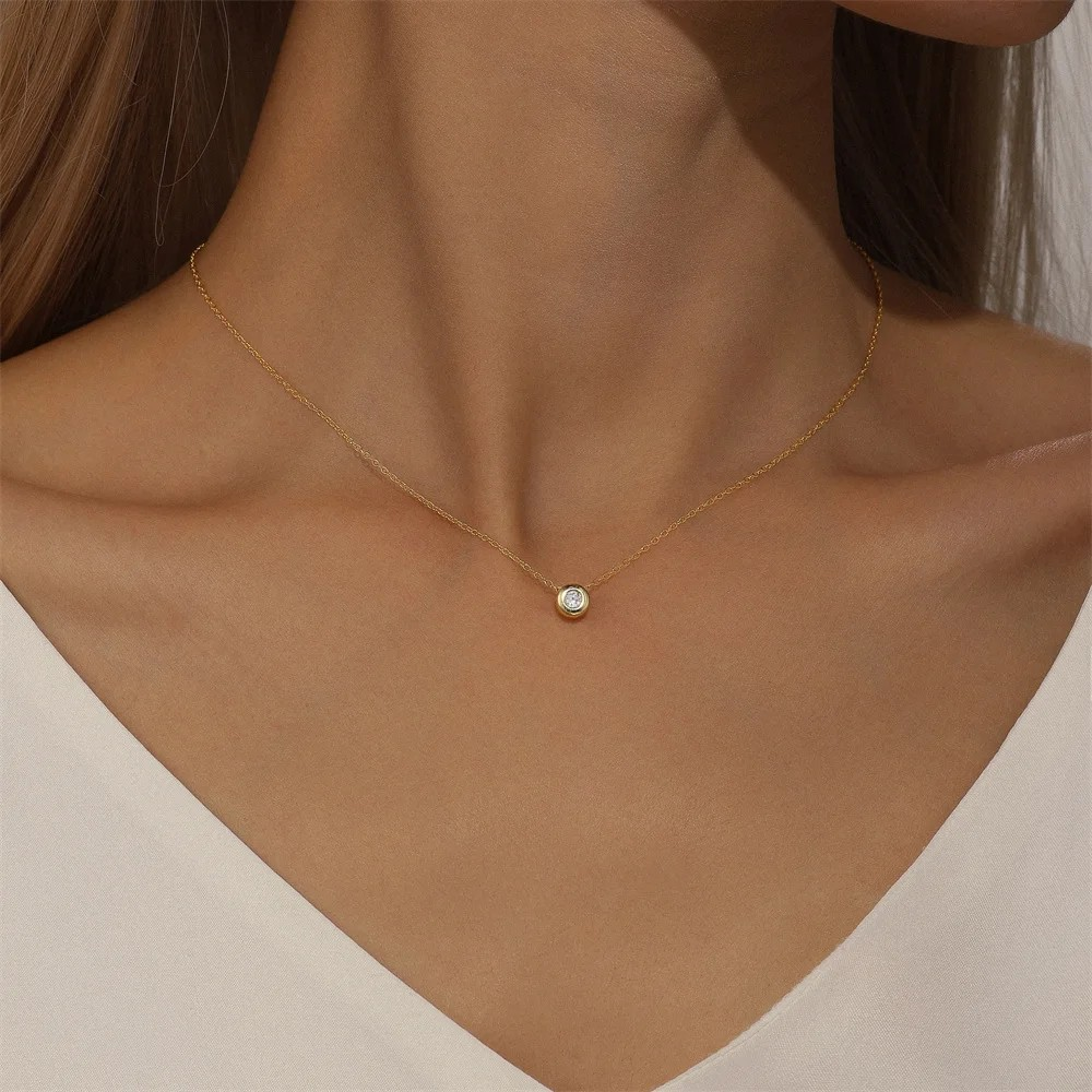 Dainty necklace mini zircon circle pendant, 925 silver, 14K gold