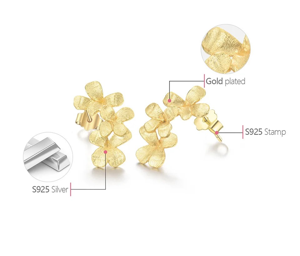 Delicate Blossom Stud Earrings, 925 Silver, 18K Gold