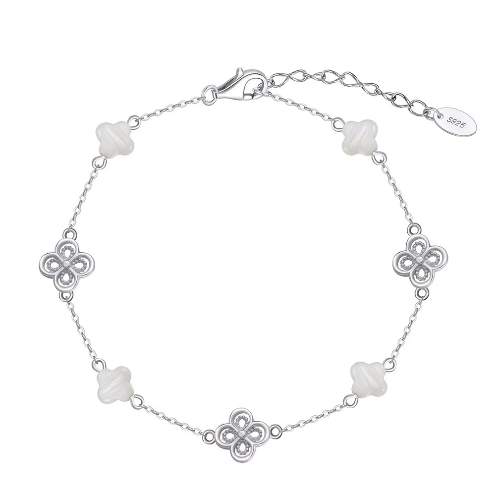 Zartes Armband Kleeblatt mit Muschel, 925 Sterling Silber, 14K Gold