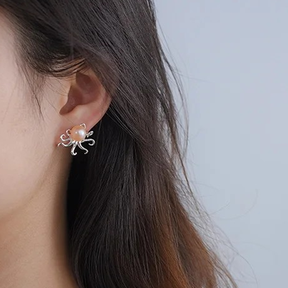 Octopus with Pearl Earrings, 925 Silver, 18K Gold