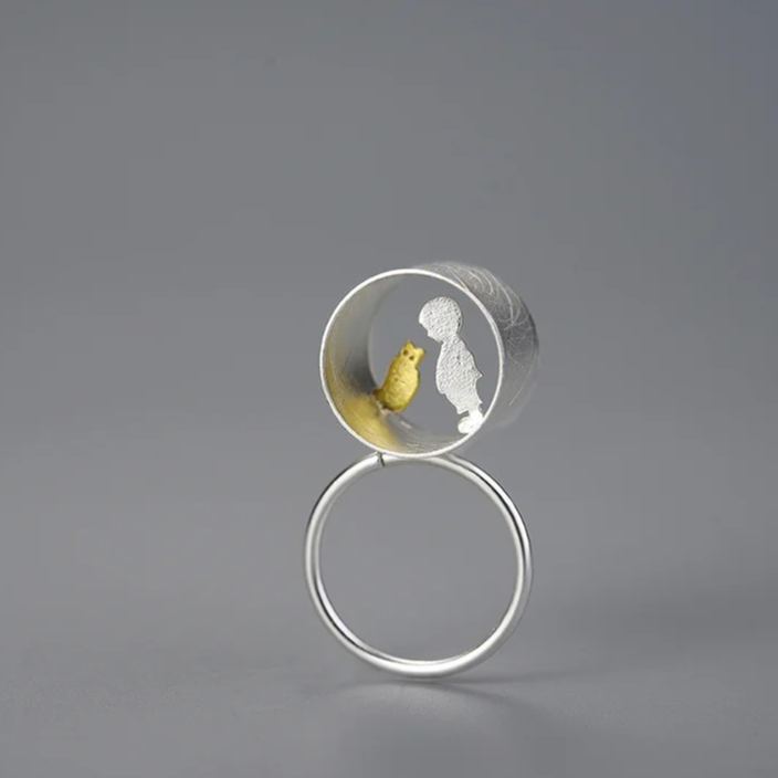 Ring "Meeting Love" girl or boy with cat, 925 silver, 18K gold