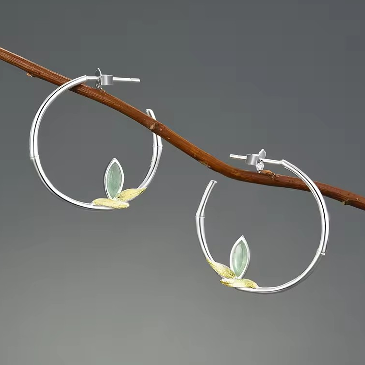 Leaf Hoop Earrings with Natural Aventurine, 925 Silver, 18K Gold
