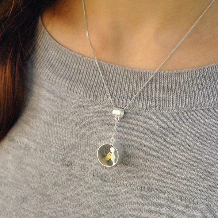 Necklace "Meeting Love" girl or boy with cat, 925 silver, 18K gold