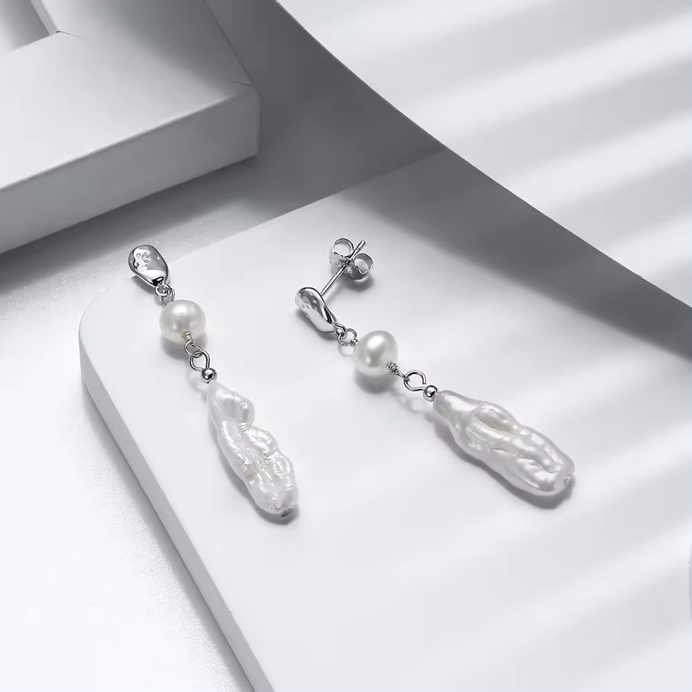 Handmade Hammered Earrings with Irregular Baroque Pearls Gold