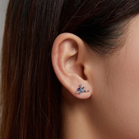 Colorful dragonfly earrings, 925 silver, zircon