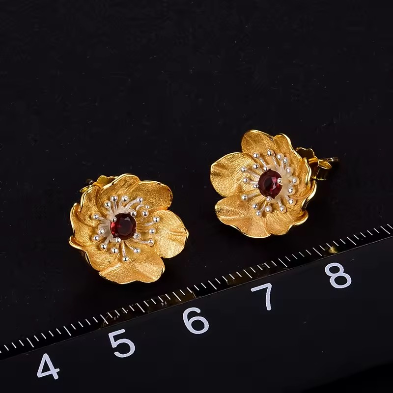 Handmade stud earrings "Blooming Anemone" with garnet