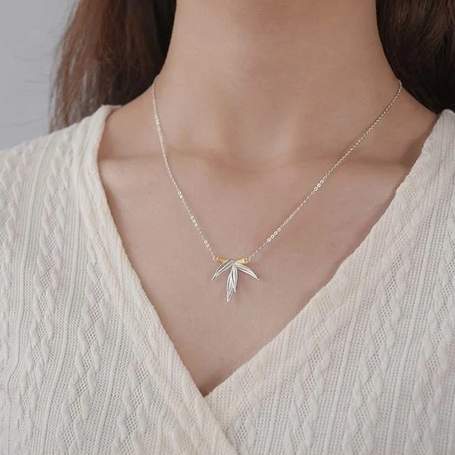 Necklace with bamboo pendant, 925 silver, 18K gold
