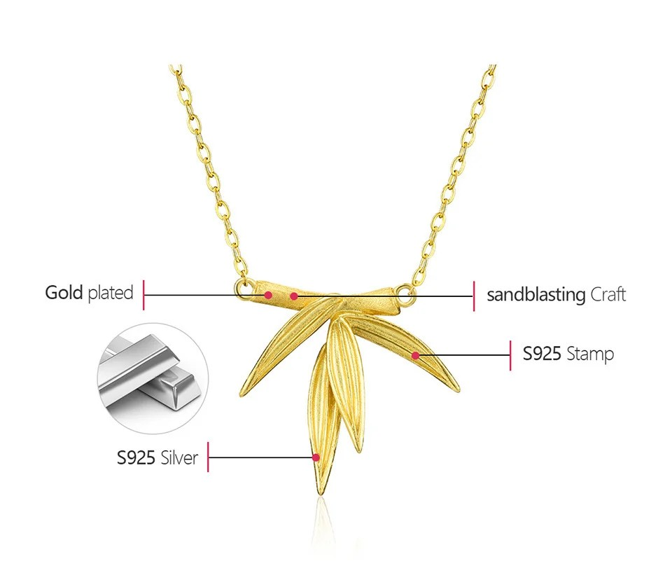 Necklace with bamboo pendant, 925 silver, 18K gold
