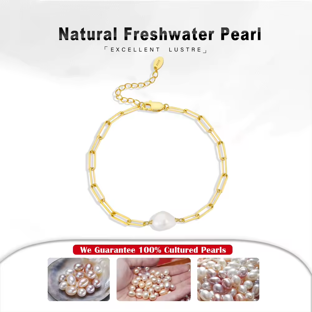 Link bracelet with freshwater pearl 925 silver, 14K gold