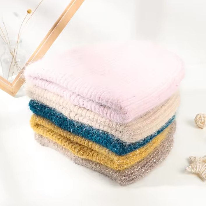 Warm, Soft and Fluffy Angora Beanie, mini sequins, beige