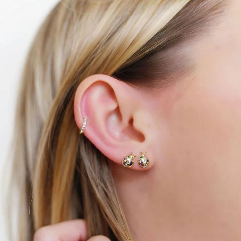 925 Sterling Silver 18K Gold Ladybug Stud Earrings, Colorful Zircon Stones