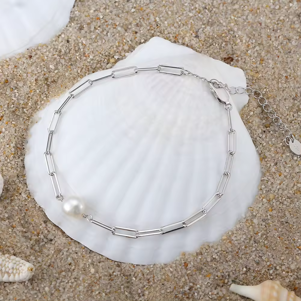 Link bracelet with freshwater pearl 925 silver, 14K gold