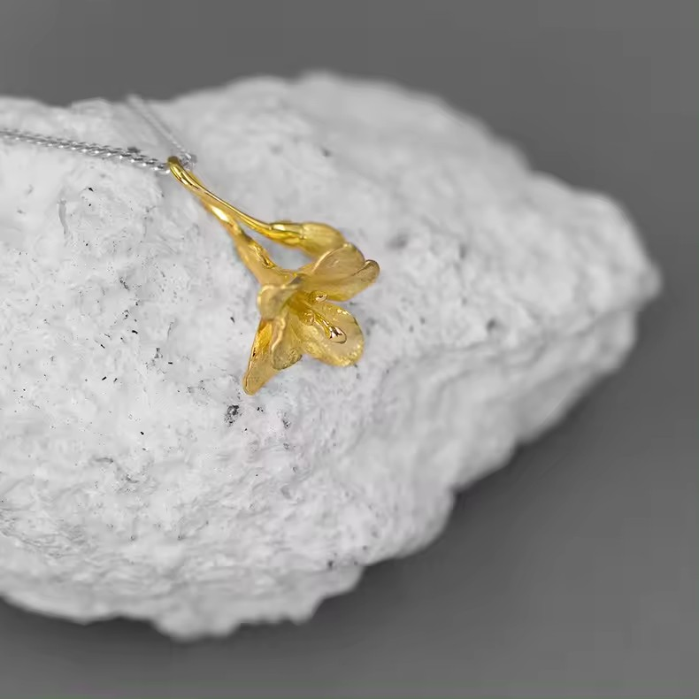 Necklace with small freesia flower, 925 silver, 18K gold