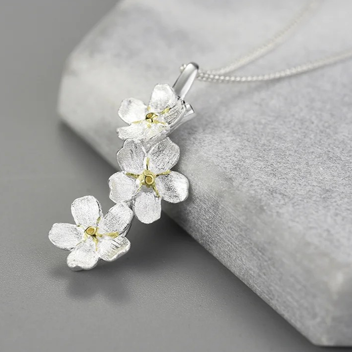 Handmade Forget-me-not necklace long, 925 silver, 18K gold