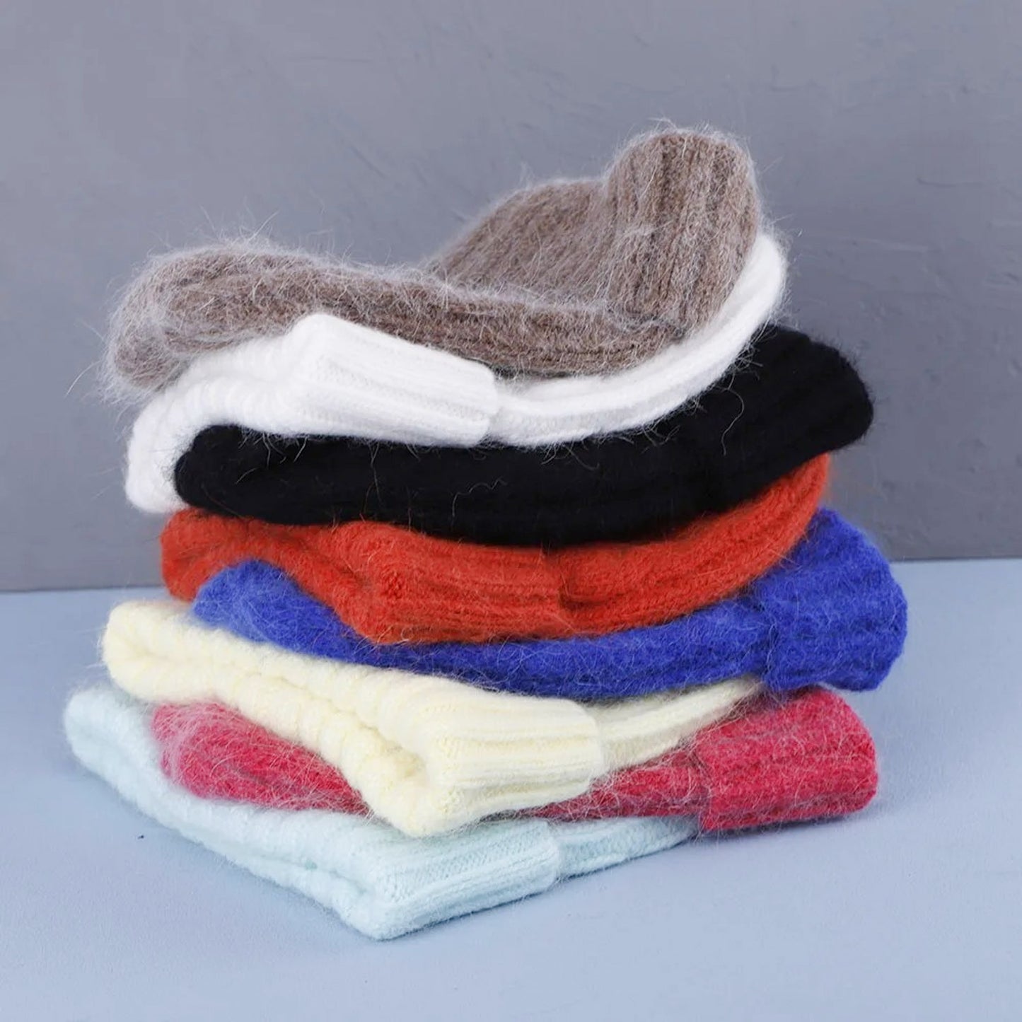 Warm fluffy Angora Beanie, yellow, mint, brick red, white, blue, brown, black