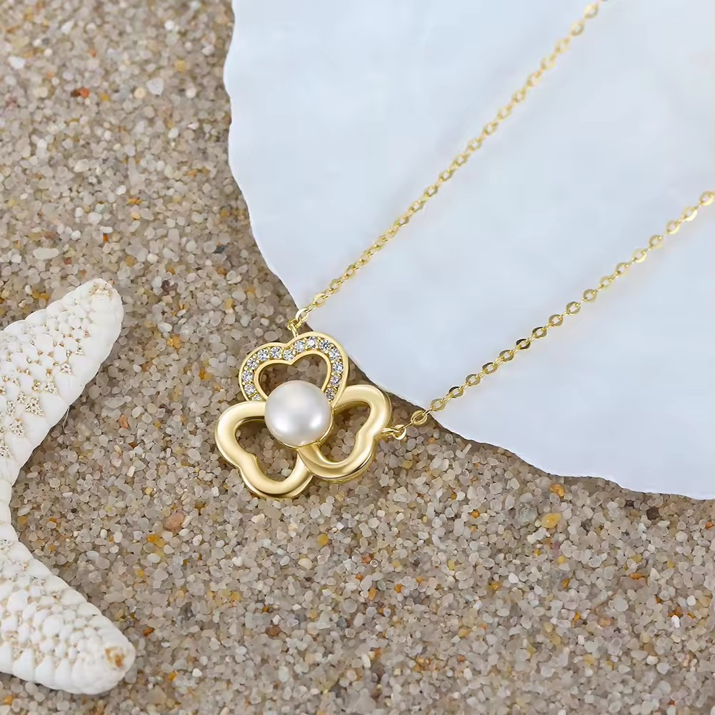 Elegant necklace with flower pendant, freshwater pearl, 925 silver, 14K gold