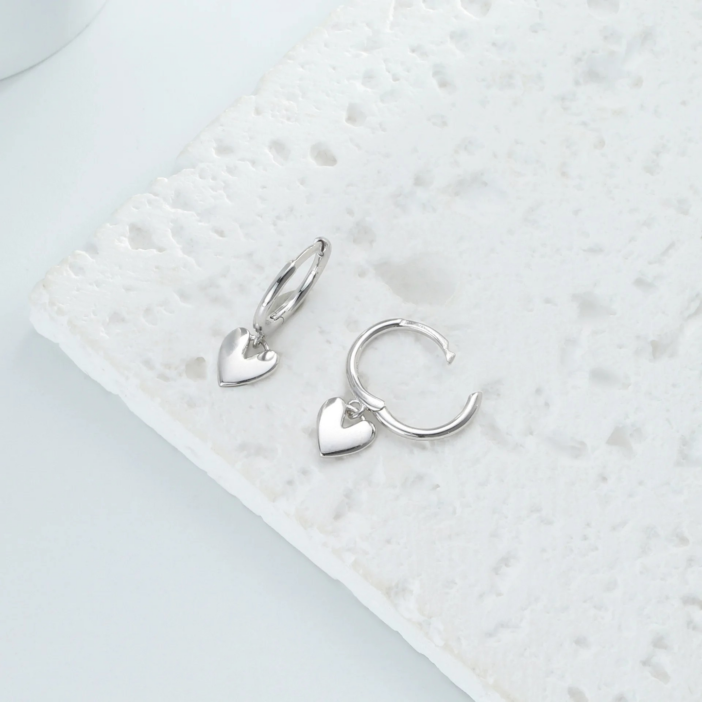 Minimalist hoop earrings with heart pendant, 925 silver, 18K gold