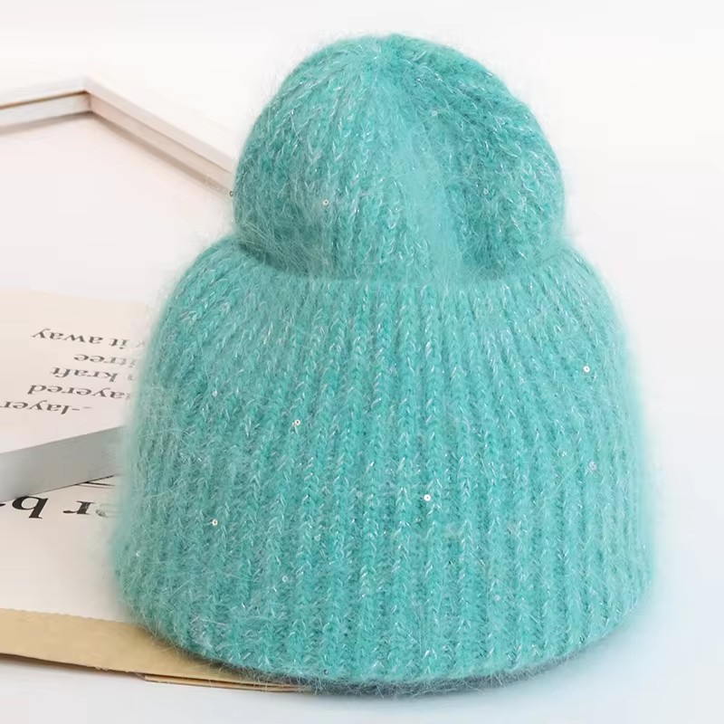 Warm, Soft and Fluffy Angora Beanie, mini sequins, green