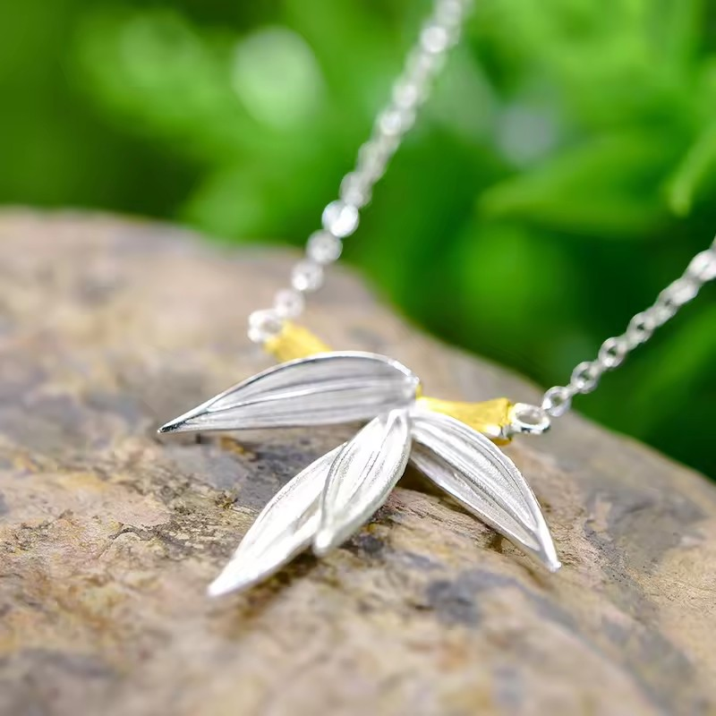 Necklace with bamboo pendant, 925 silver, 18K gold