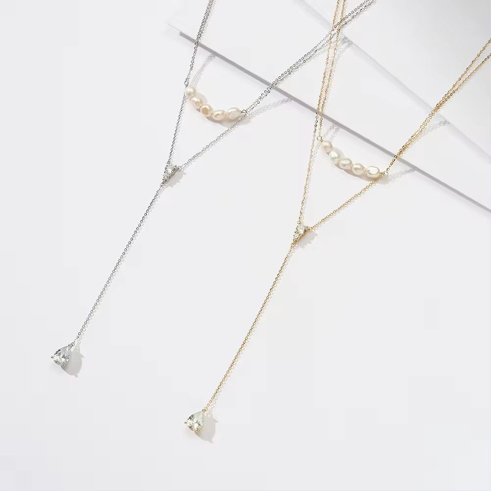 Elegant Modern Double Necklace Pearls and Zircon, 925 Silver, 14K Gold