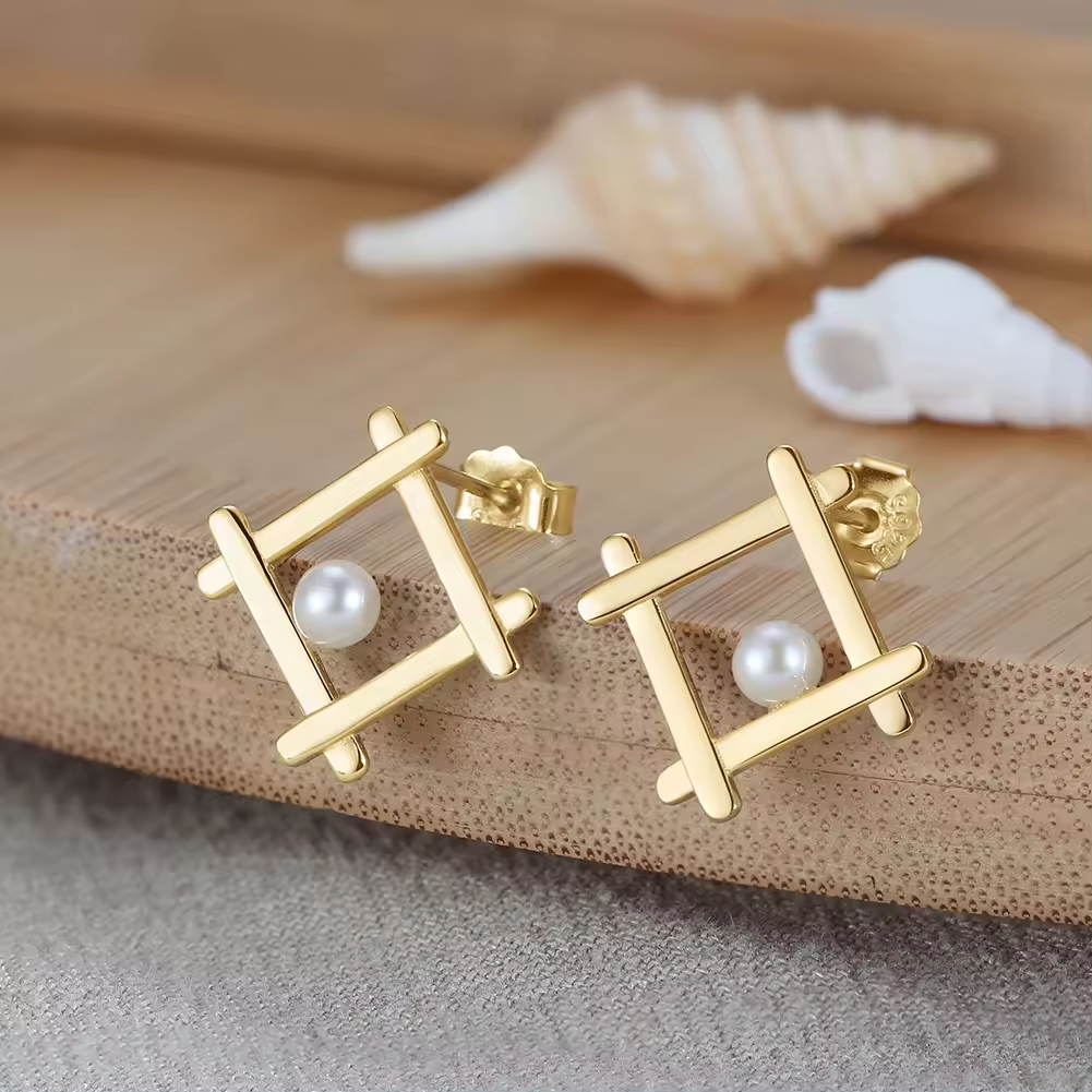 Geometric stud earrings, freshwater pearl, 925 silver 14K gold plated