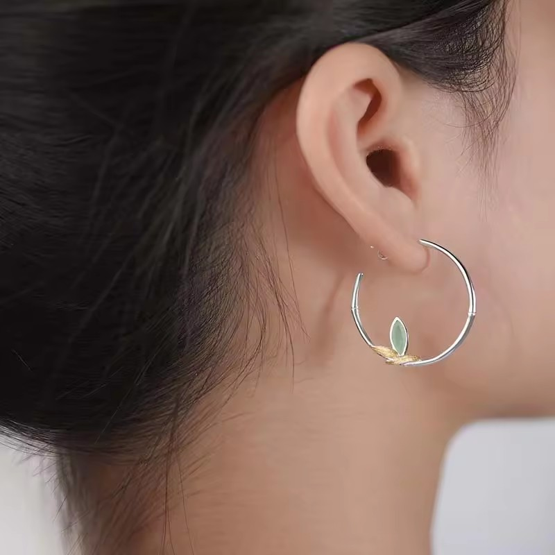 Leaf Hoop Earrings with Natural Aventurine, 925 Silver, 18K Gold