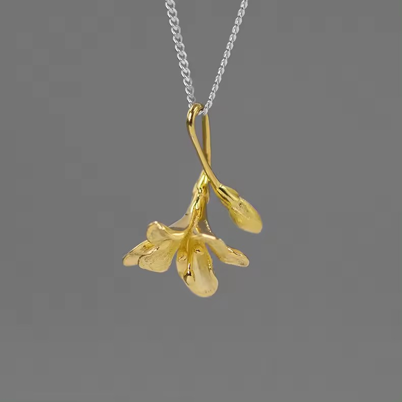 Necklace with small freesia flower, 925 silver, 18K gold