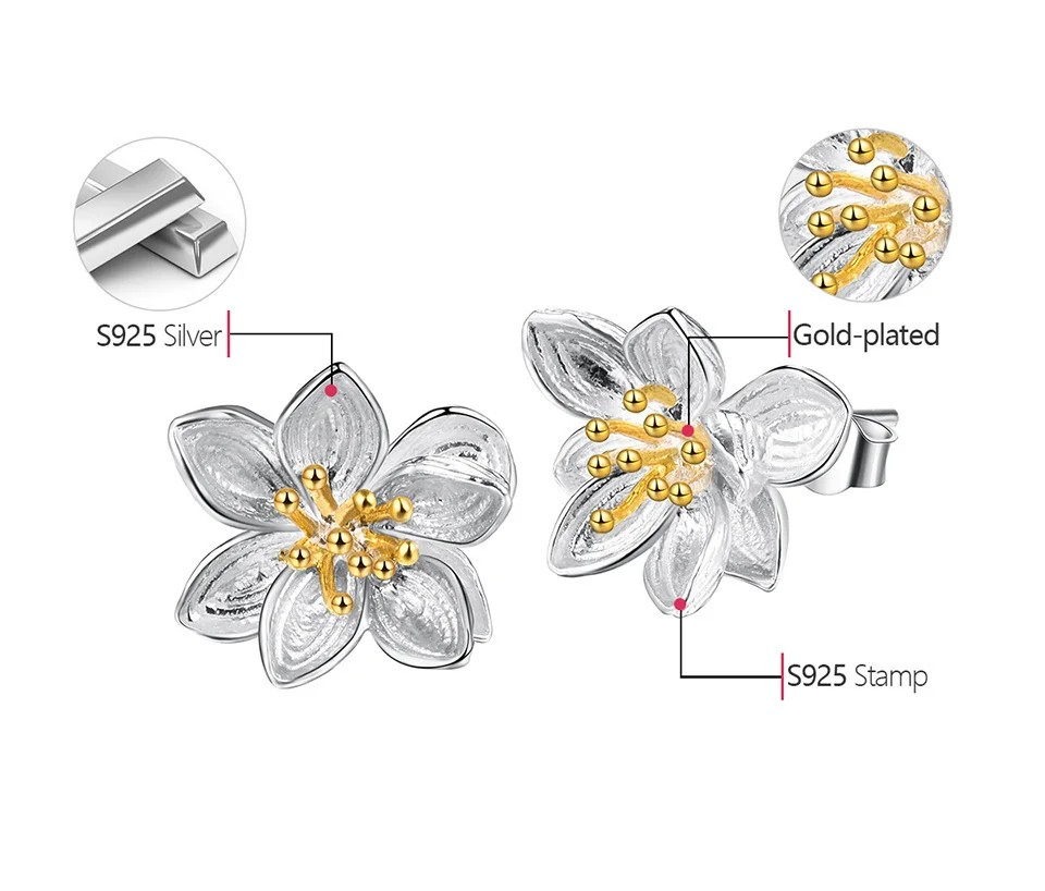 Lotus Flower Stud Earrings, 925 Silver, 18K Gold