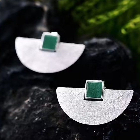 Elegant Large Semicircle Earrings with Shell or Aventurine, 925 Silver, 18K Gold