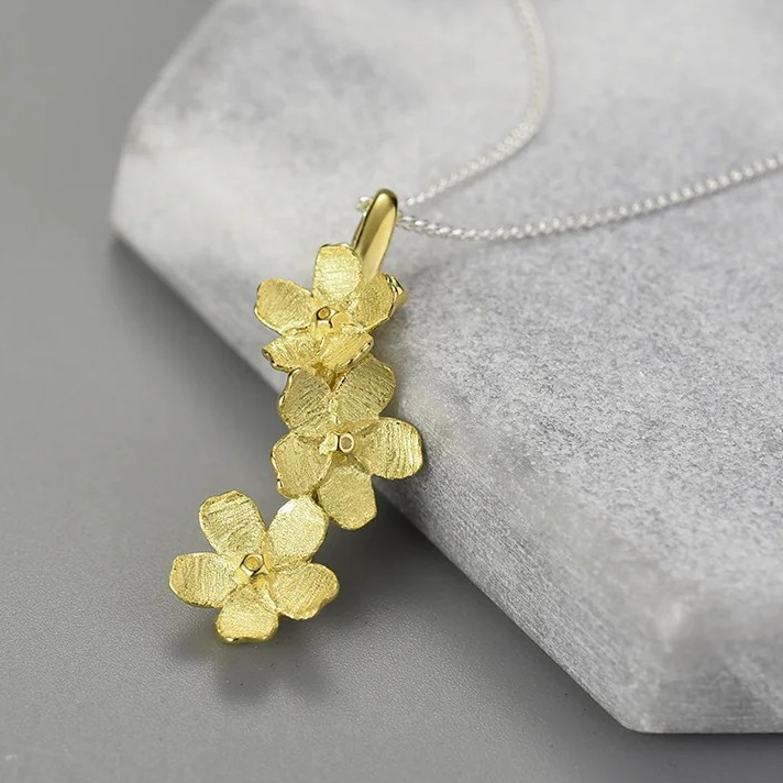 Handmade Forget-me-not necklace long, 925 silver, 18K gold