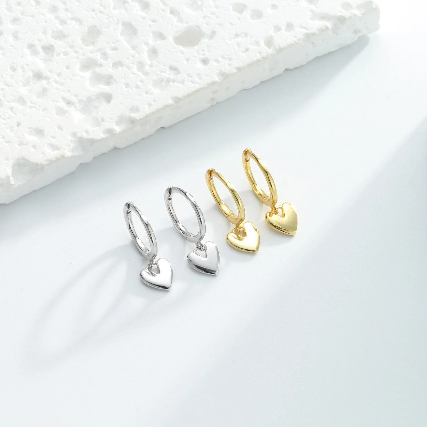 Minimalist hoop earrings with heart pendant, 925 silver, 18K gold