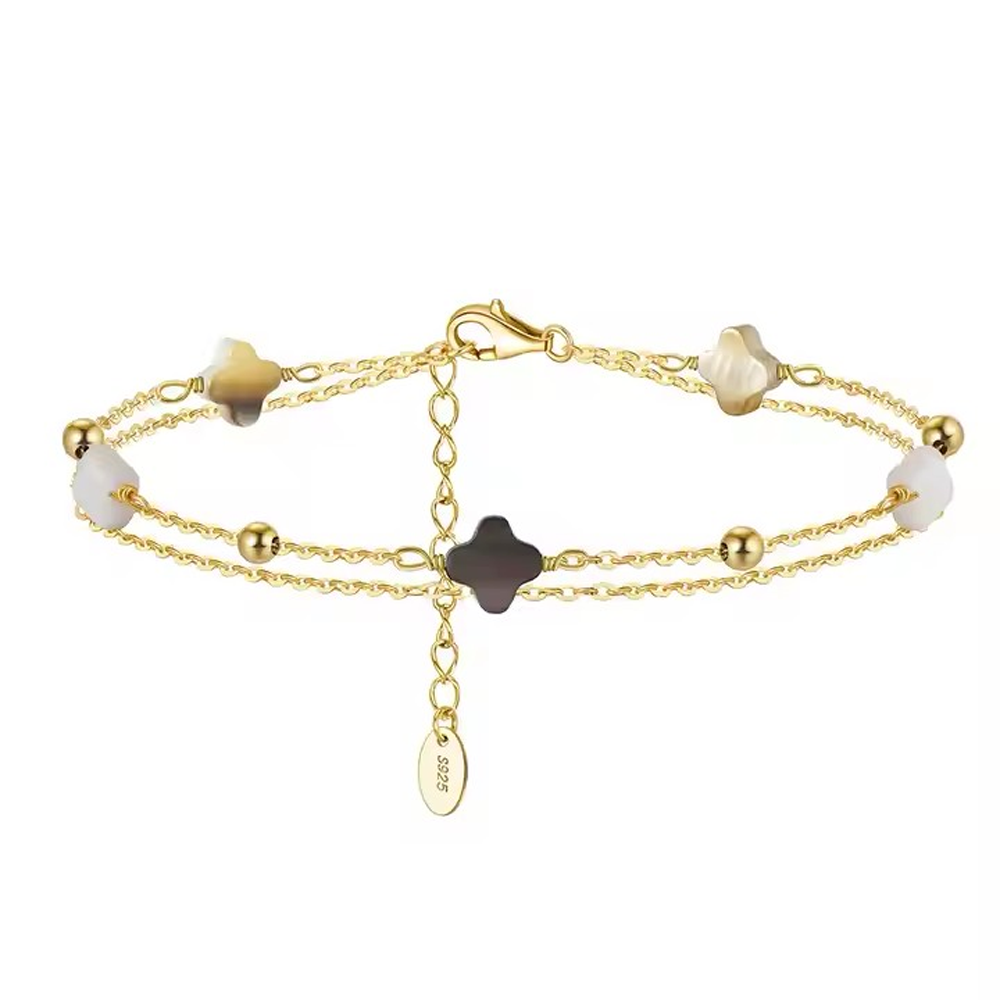 Zartes Armband Kette mit Kleeblatt aus Muschel und Kügelchen, 925 Sterling Silber