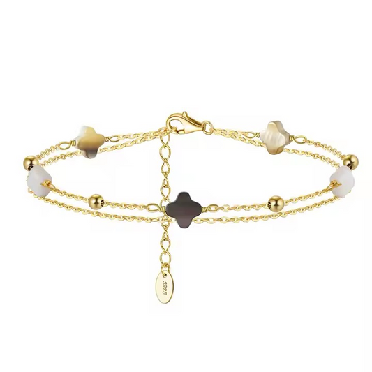 Zartes Armband Kette mit Kleeblatt aus Muschel und Kügelchen, 925 Sterling Silber