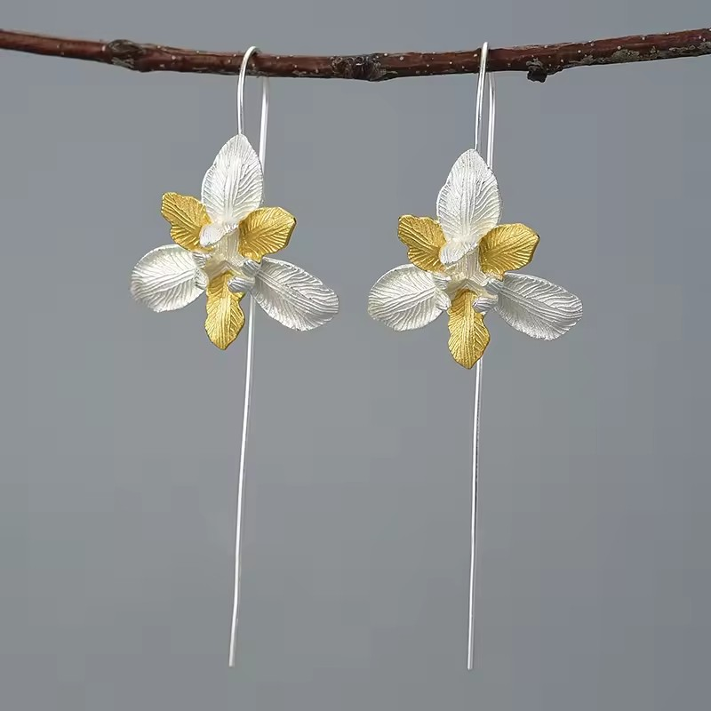 Handgemachte Iris Blume Ohrringe, 925er Silber, 18K Gold