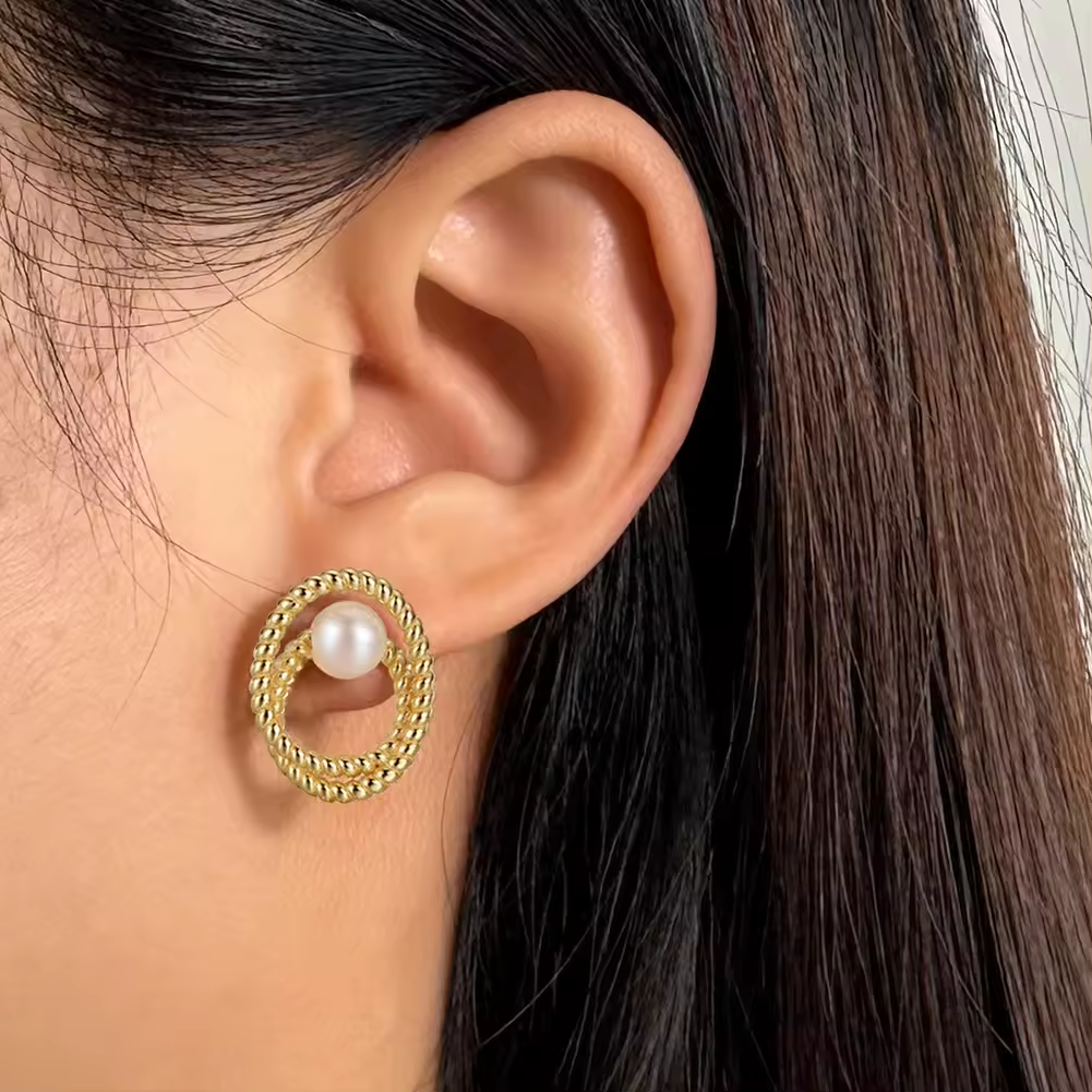 Handmade Minimalist Stud Earrings: Double Circle with Pearl