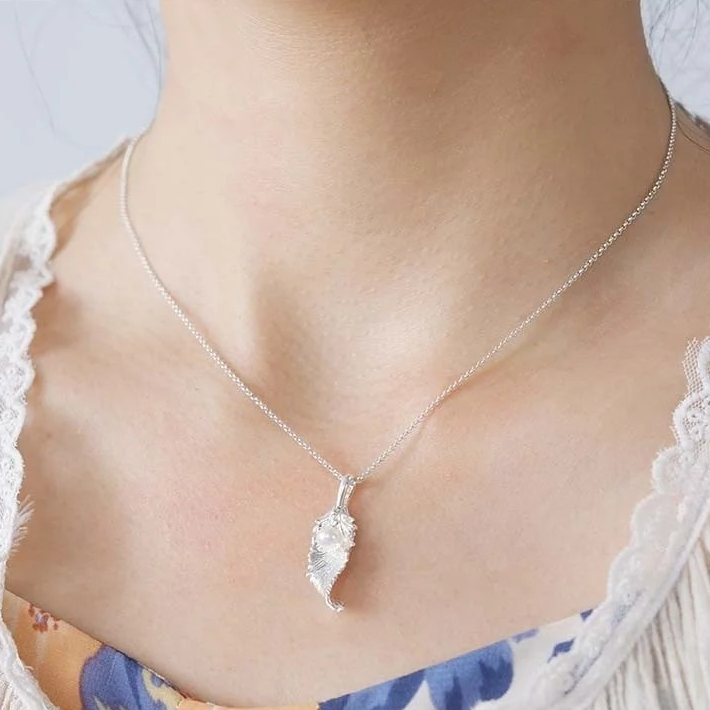 Halskette mit Blatt und Perle Anhänger, 925er Silber, 18K Gold