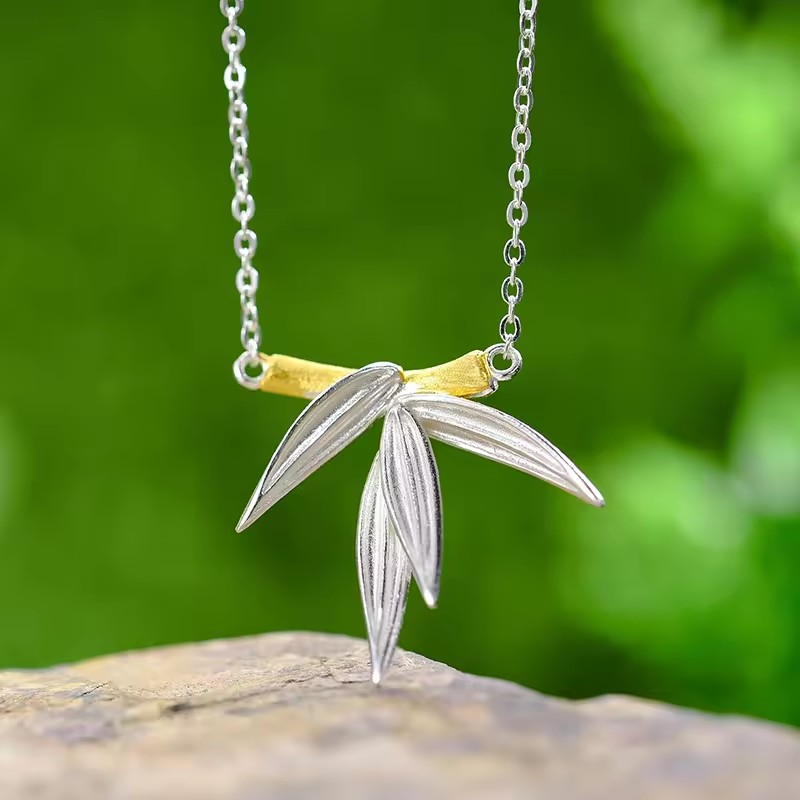 Necklace with bamboo pendant, 925 silver, 18K gold