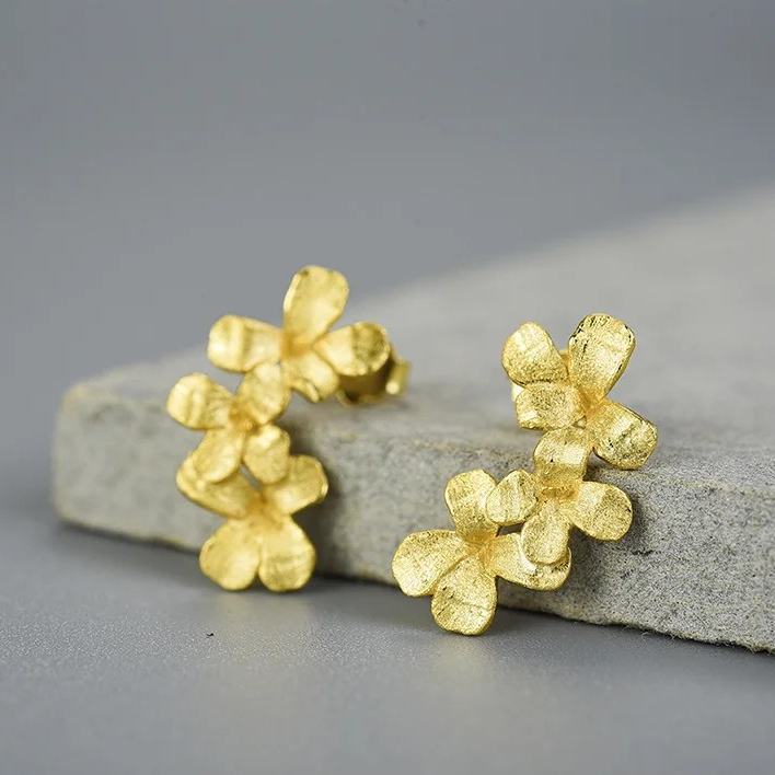 Delicate Blossom Stud Earrings, 925 Silver, 18K Gold