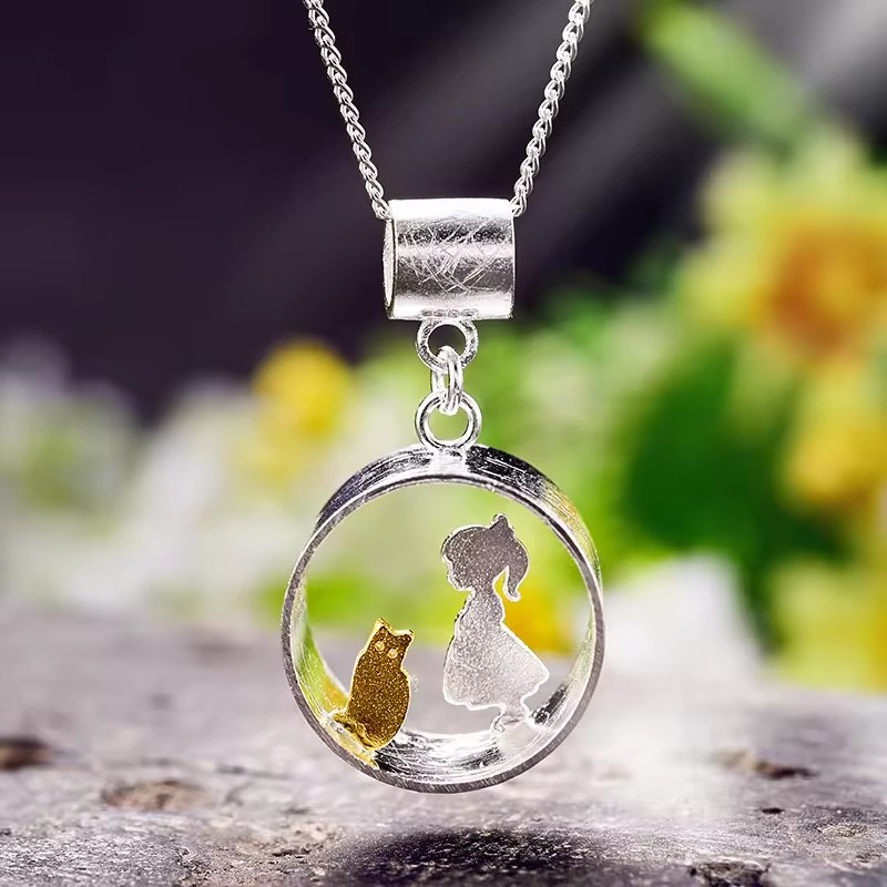 Necklace "Meeting Love" girl or boy with cat, 925 silver, 18K gold