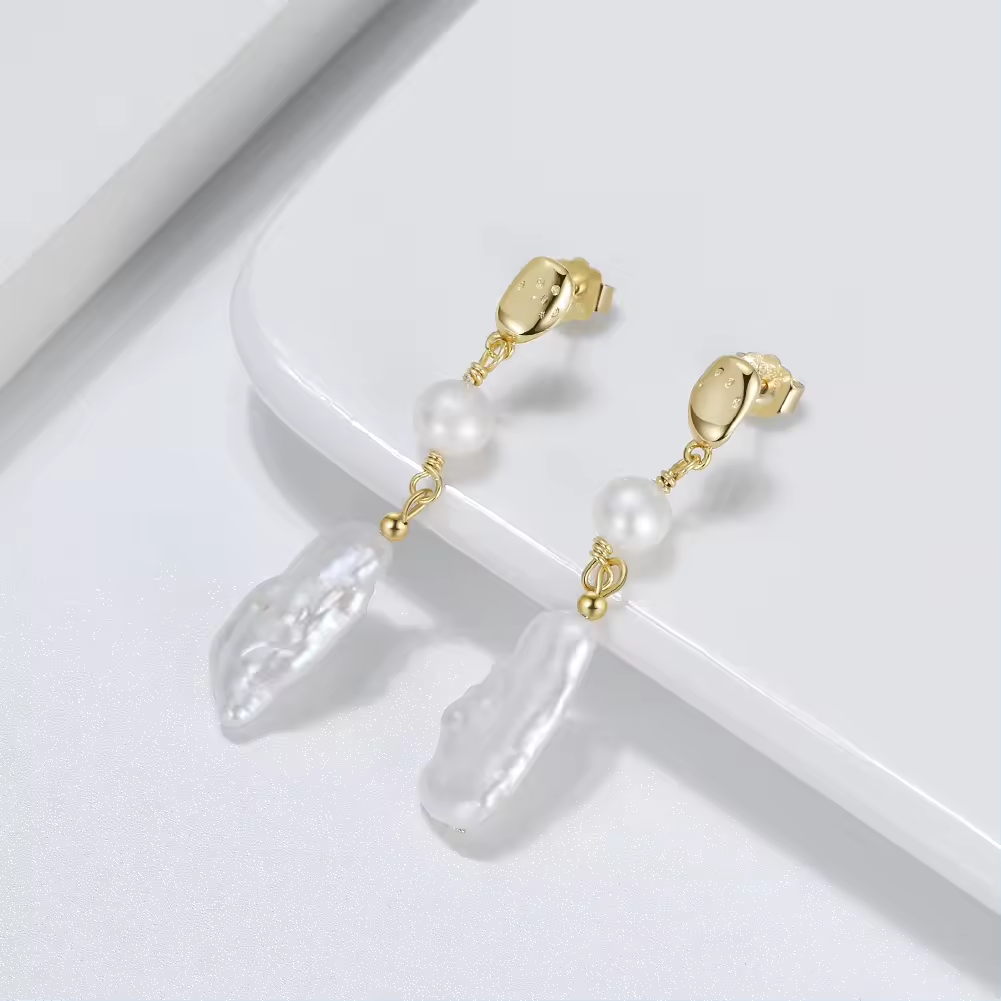 Handmade Hammered Earrings with Irregular Baroque Pearls Gold