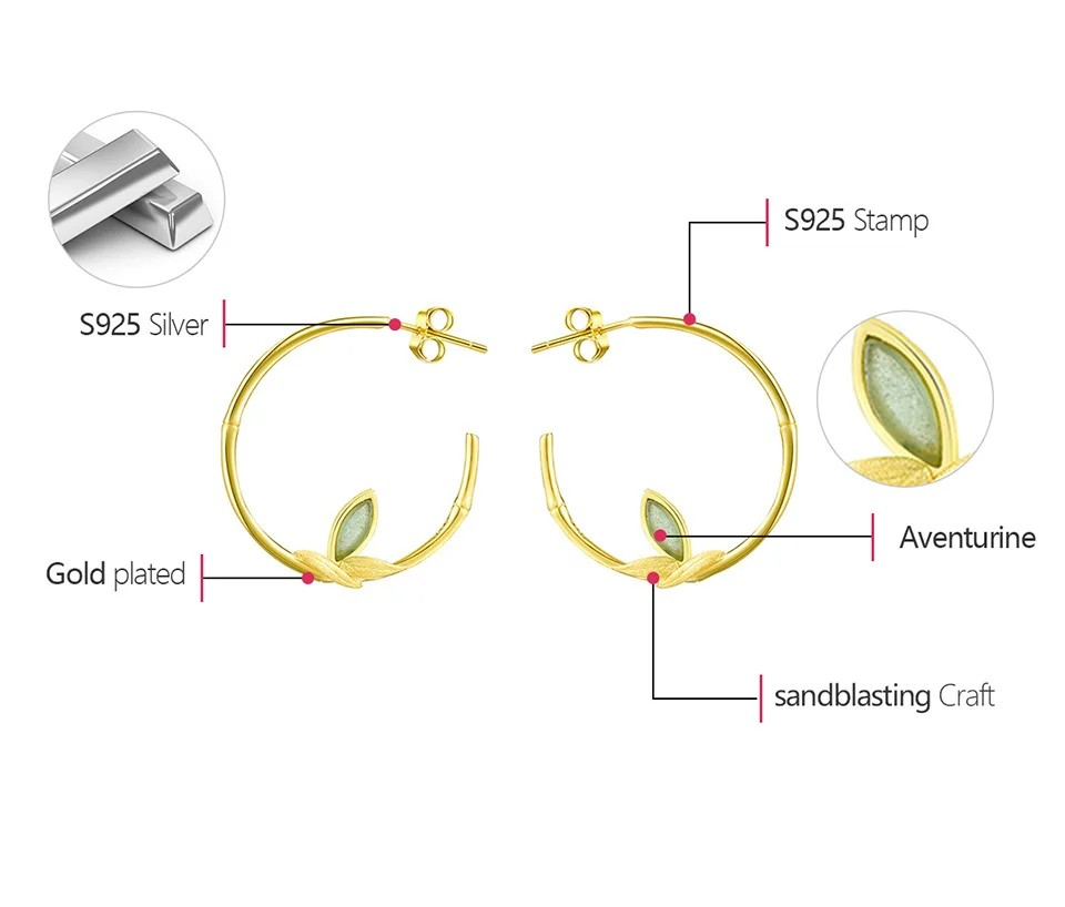 Leaf Hoop Earrings with Natural Aventurine, 925 Silver, 18K Gold