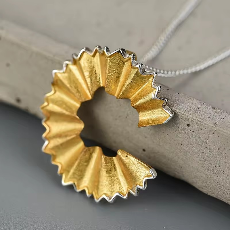 Necklace with pencil shavings pendant, 925 Sterling silver, 18K gold